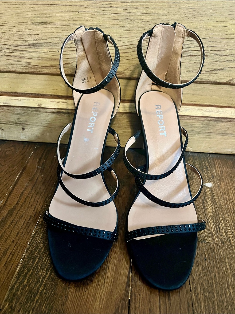 NWOB Report Black Rhinestone Strappy Heels | Ankle Strap Stilettos | Size 8.5